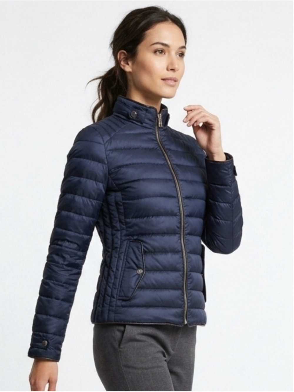 Zara Woman Navy Puffer Down Jacket S Lightweight Gold Zip Quilted Packable Moto